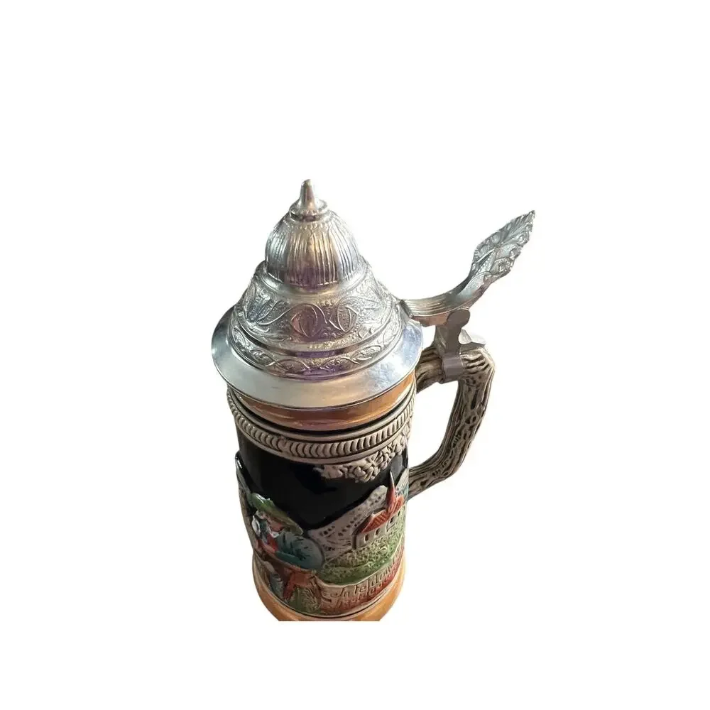 Vintage W Germany Lidded Beer Stein Ceramic Relief Alpine Village Scene Hunter - Picture 4 of 9